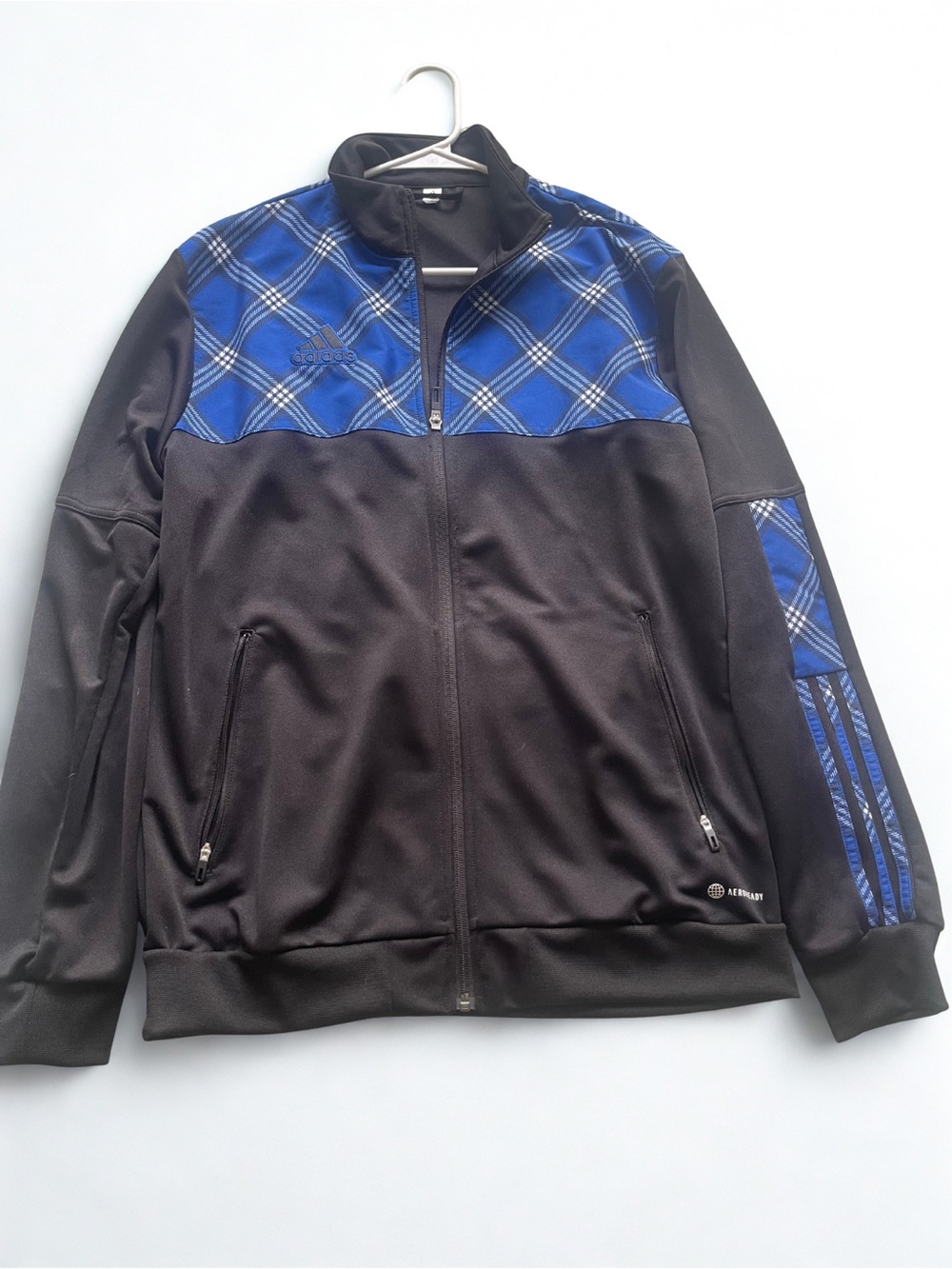 Adidas Black Blue Plaid Zip-Up Jacket Hooded